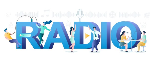 Radio fm online typography banner template, vector flat illustration. People creating podcast in studio, listening to audio programs and dancing. Internet radio, podcasting.