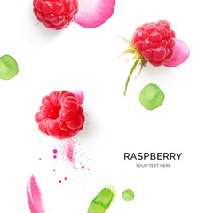 Creative layout made of raspberry on the watercolor background. Flat lay. Food concept.