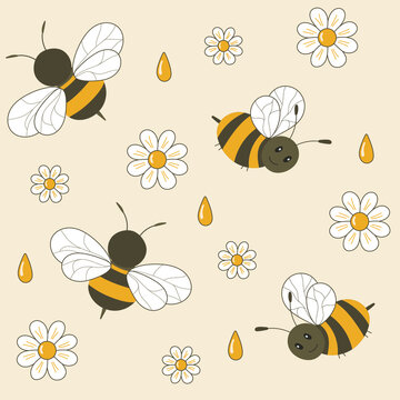 Vector image seamless cartoon pattern with wasps and bees, flowers camomiles and drops of honey.