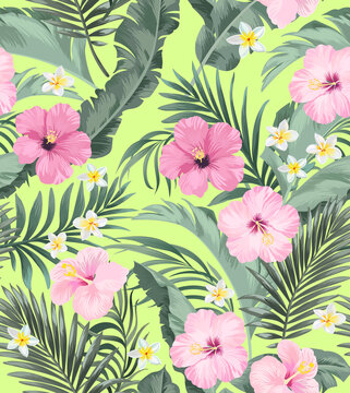 Tropical vector seamless background. Jungle pattern with exitic flowers, and palm leaves. Stock vector. Jungle vector vintage wallpaper
