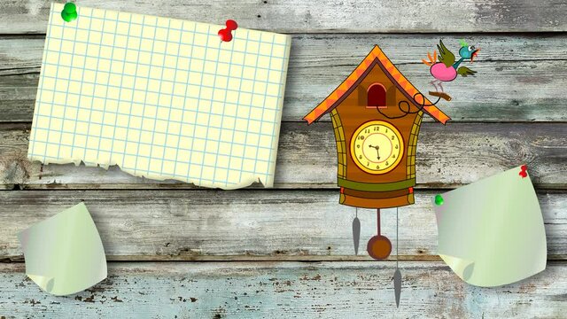 Animation of cuckoo clocks and note paper.