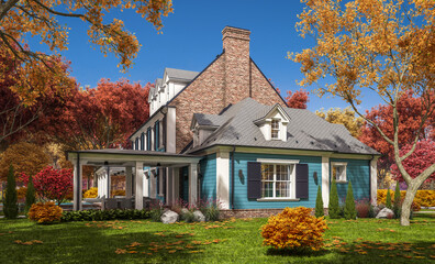 Fototapeta na wymiar 3d rendering of modern cozy classic house in colonial style with garage and pool for sale or rent with beautiful landscaping on background. Clear sunny autumn day with golden leaves anywhere.