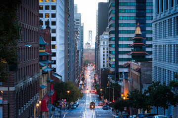 Downtown San Francisco with cable car on California Street at dawn, San Francisco, California, USA
