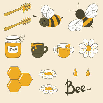 Vector illustration set of pictures of bees, honey, honey spoon, barrel and mug with honey, chamomiles.
