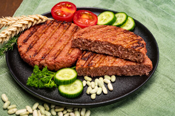Source of fibre plant based vegan soya protein grilled burgers, meat free healthy food