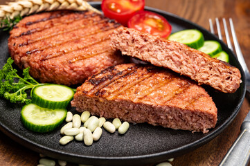 Source of fibre plant based vegan soya protein grilled burgers, meat free healthy food