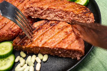Source of fibre plant based vegan soya protein grilled burgers, meat free healthy food