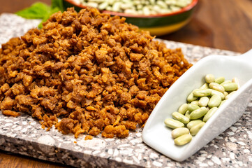 Source of fibre plant based vegan soya protein minced meat, meat free healthy food