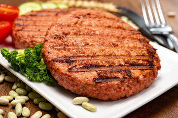 Source of fibre plant based vegan soya protein grilled burgers, meat free healthy food