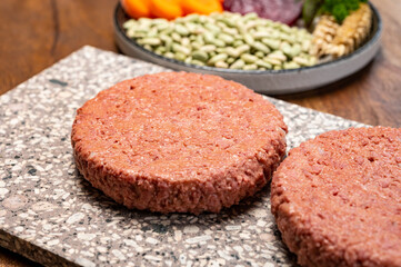 Fototapeta na wymiar Source of fibre plant based vegan soya protein burgers, meat free healthy food