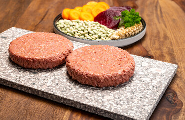 Source of fibre plant based vegan soya protein burgers, meat free healthy food