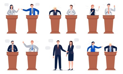 Set of female and male politicians with different emotions. Politicians shaking hands, smiling, shouting, debate. Public debate concepts. Vector character in cartoon style. - obrazy, fototapety, plakaty