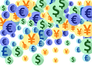 Euro dollar pound yen round signs flying money vector design. Profit growth pattern. Currency 