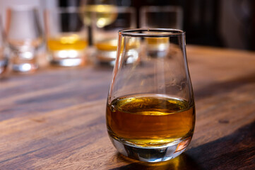 Scotch single malt or blended whisky tasting on distillery in Scotland, UK