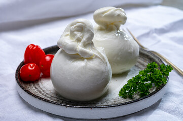 Cheese collection, fresh soft white burrata cheese ball made from mozzarella and cream from Apulia, Italy