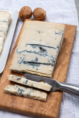 Italian food, buttery or firm blue cheese made from cow milk in Gorgonzola, Milan, Italy