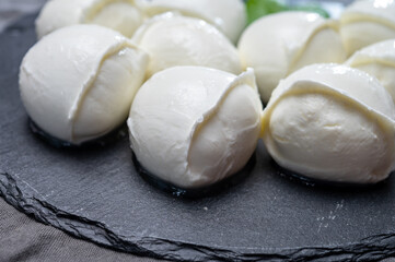 Tasty italian food, fresh white buffalo mozzarella soft cheese balls from Campania