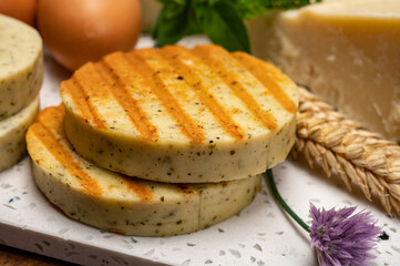 Yellow cheese based grilled vegetarian burgers, meat free healthy food