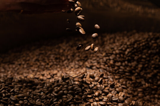 African man hands holding brown fried ready coffee beans. pours coffee from his hands