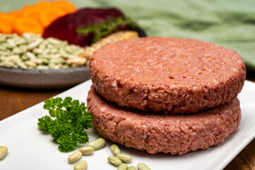 Source of fibre plant based vegan soya protein burgers, meat free healthy food