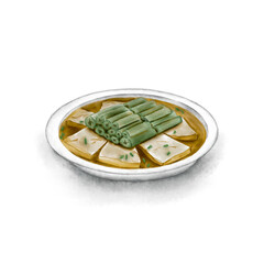 Watercolor Illustration of Chinese Cuisine - Steamed Stinky Tofu with Amaranth Stalk