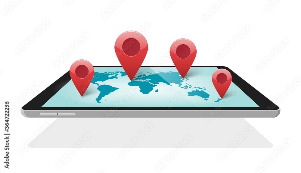 Poster global world map digital technology with pin pointer markers for travel or worldwide mobile logistic