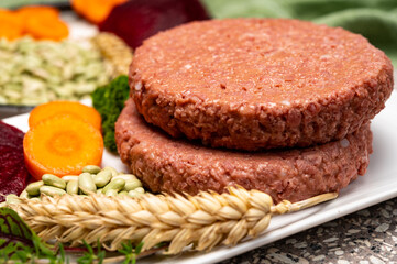 Source of fibre plant based vegan soya protein burgers, meat free healthy food