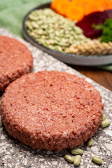 Source of fibre plant based vegan soya protein burgers, meat free healthy food