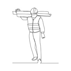 Continuous line drawing of carpenter lumberjack wearing safety helmet holding wooden board wood pile wood stack wood bar. Vector illustration