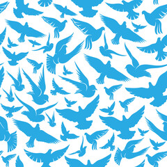 Seamless pattern with blue doves on a white background.