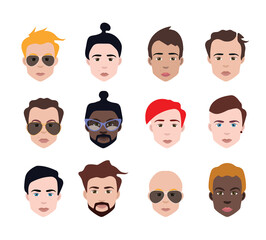 Set of people icons in flat style with faces. Vector women, men with color background