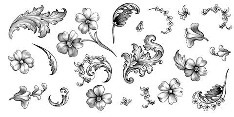 Vintage spring flower summer Baroque Victorian frame border floral ornament scroll leaf engraved retro pattern decorative design tattoo black and white filigree calligraphic vector - 364722499