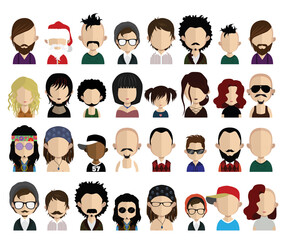 Set of people icons in flat style with faces. Vector women, men with color background