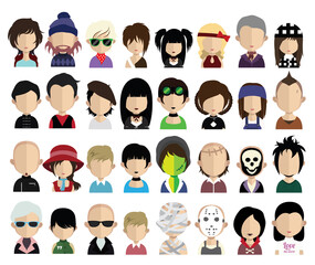 Set of people icons in flat style with faces. Vector women, men with color background
