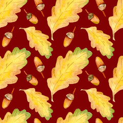 Seamless pattern with oak leaves and acorns. Autumn background, watercolor drawing