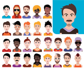 Set of people icons in flat style with faces. Vector women, men with color background