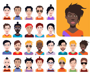 Set of people icons in flat style with faces. Vector women, men with color background