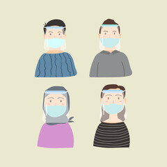 Young men and women wear medical face mask or shield coronavirus quarantine concept