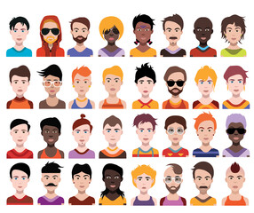 Set of people icons in flat style with faces. Vector women, men with color background