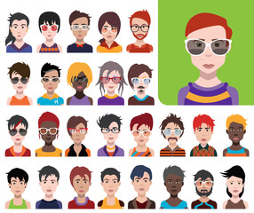 Set of people icons in flat style with faces. Vector women, men with color background
