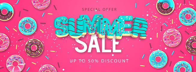 Colorful summer big sale poster with sweet donuts. Summertime background. Junk food background. Typography design