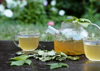 Tea in a glass teapot with leaves of black currant, berries and green leaf on a background bamboo napkin