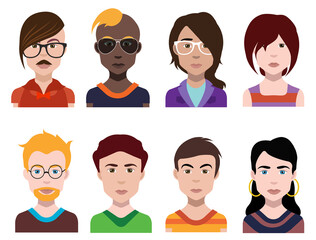 Set of people icons in flat style with faces. Vector women, men with color background
