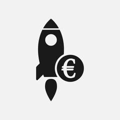 Rocket with euro sign. European startup launch cost icon. Product development expense with euro.