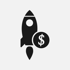 Rocket launch with dollar sign. Startup launch cost icon.