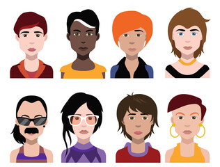 Set of people icons in flat style with faces. Vector women, men with color background