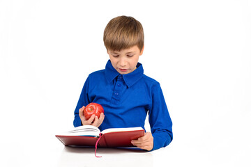 boy schoolboy in a blue t-shirt is preparing for school, reading something in a notebook, holding a red apple