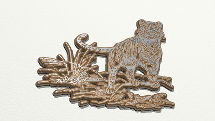 tiger made by 3D illustration of a shiny metallic sculpture on a wall with light background. animal and cat