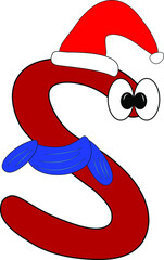 Bright new year's children's font. Christmas. Holiday atmosphere. English Latin alphabet. A sign with eyes and emotions. Fun bright red kids letter S. Christmas red cap Santa, a scarf.