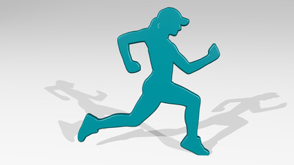 girl from a perspective with the shadow. A thick sculpture made of metallic materials of 3D rendering. beautiful and background